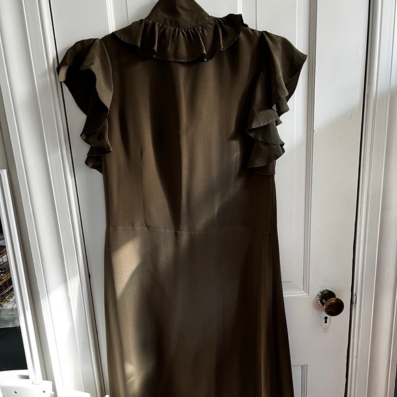 Theory Ruffle Sleeve Tie-Neck Midi Dress – Olive Green, Size 8 - Picture 9 of 10